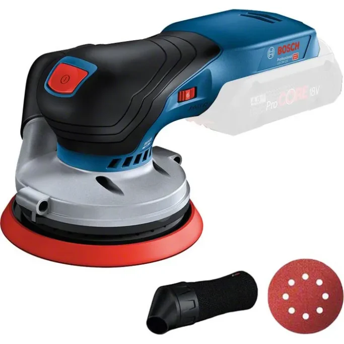Bosch GEX 18V-125 Professional Schwingschleifer mit rotem Schleifpad und Staubabsaugungszubehör.